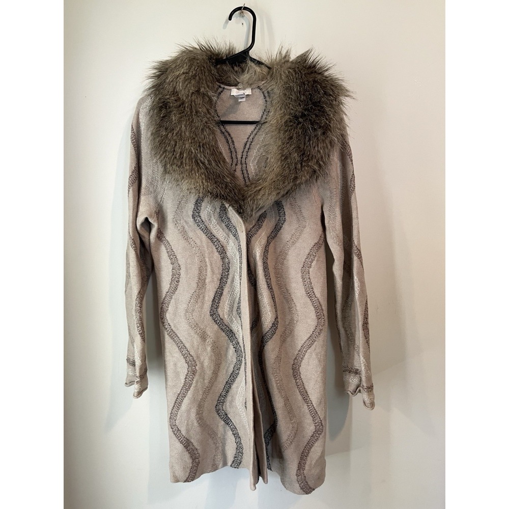 Chicos Wool Blend Long Cardigan Sweater Sz 1‎ M Faux Fur Collar Brown Striped